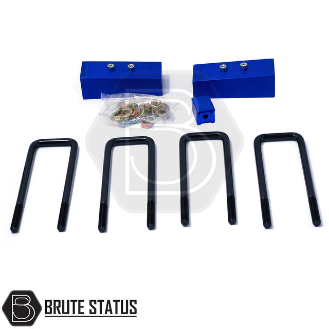 Ford Ranger 2023+ 2 Rear Suspension Lift Blocks with black metal rods and bolts, CNC machined from T6061 aluminum, for enhancing truck height.