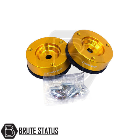 Isuzu D-Max 2021+ 32mm Front Shock Spacers, gold metal, with pre-installed grade 10.9 steel studs and nuts for enhanced truck lift and durability.