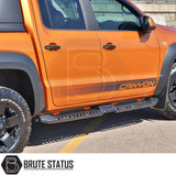 Volkswagen Amarok 2023+ Heavy Duty S32 Steel Side Steps with LEDs shown close-up, highlighting robust design and matt black finish for enhanced vehicle protection.