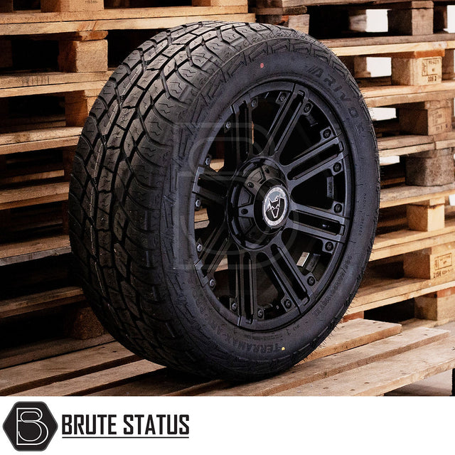 Wolfrace Amazon Matt Black Alloy Wheels and Tyres Package on a pallet, featuring pre-installed TPMS, designed for enhancing pick-up truck customization.