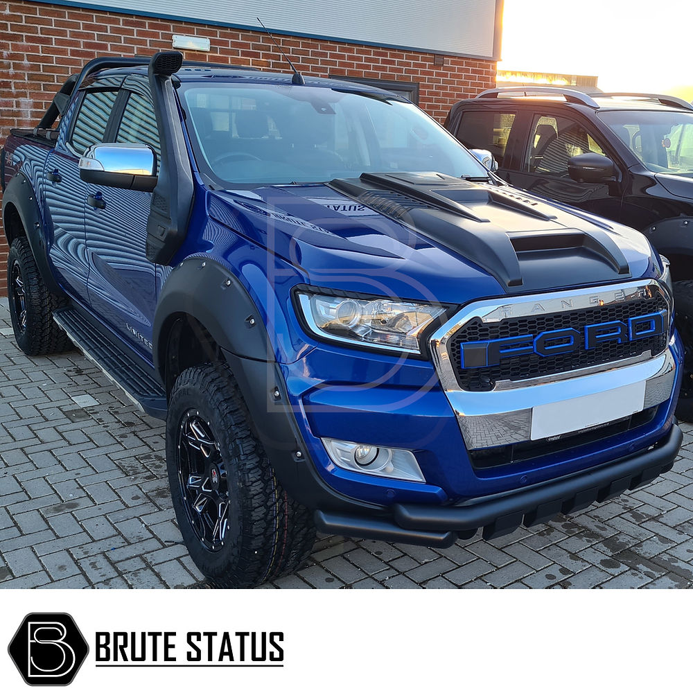 Ford Ranger 2015-2019 T7 Facelift Snorkel Raised Air Intake shown on a blue truck, highlighting its robust design and suitability for heavy-duty use.