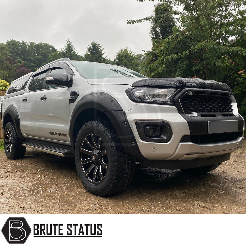 Ford Ranger 2015-2022 Bonnet Guard Protector and Window Wind Deflectors on a white truck, showcasing durable, aerodynamic design and easy installation features.