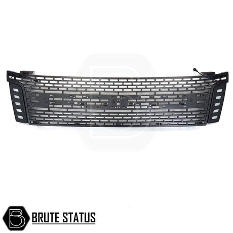 Ford Ranger 2012-2015 black grille with LEDs, featuring a smooth black finish and hexagonal design, tailored for easy installation and a distinctive look.