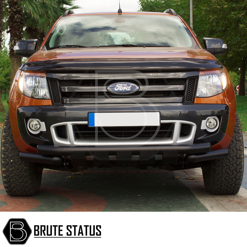 Ford Ranger 2012-15 City Bar (Nudge Bar) Matt Black, enhancing truck front, featuring durable stainless steel construction, easy DIY installation, fits chassis rails with U-brackets.