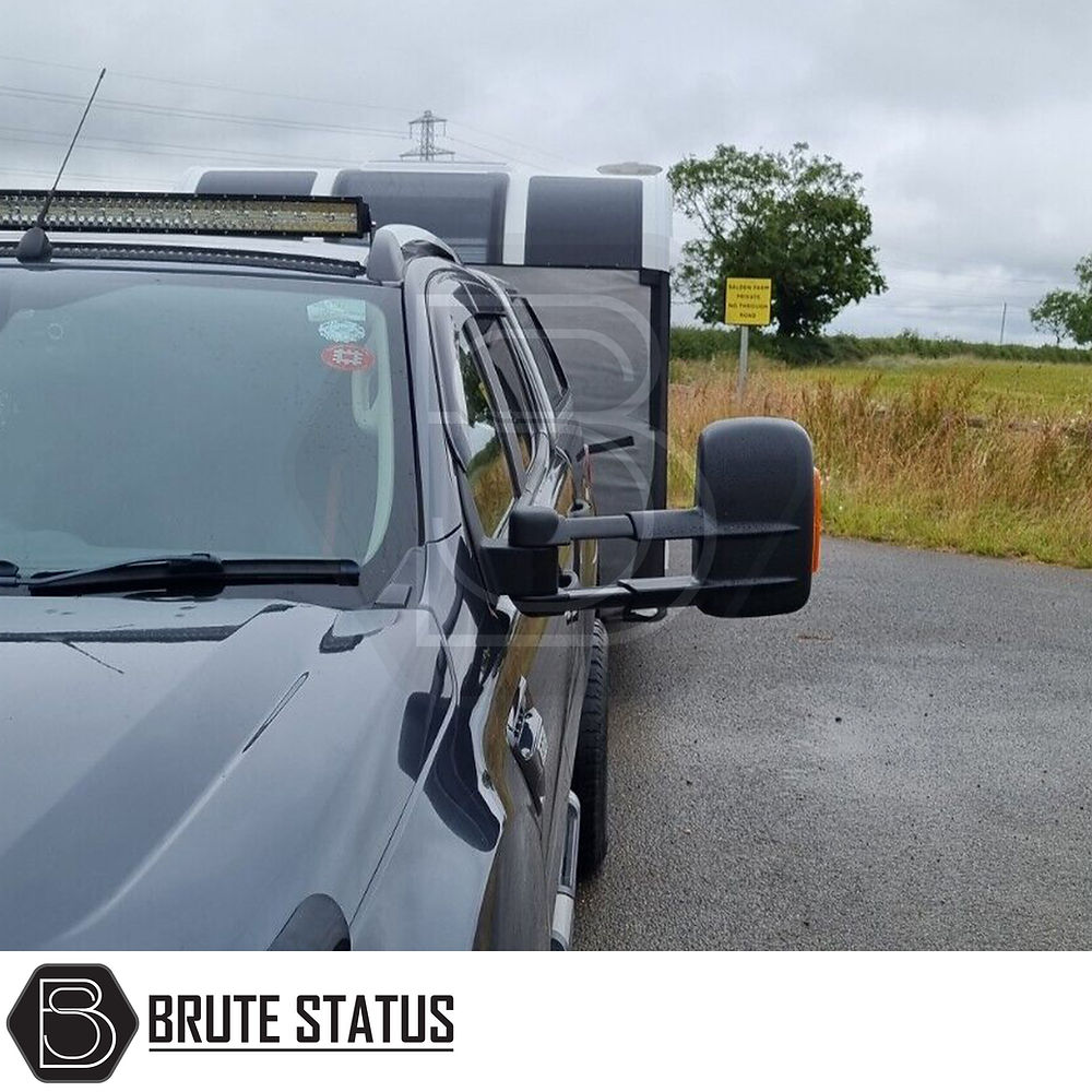 Ford Ranger 2012-2022 Extendable Towing Mirrors with LED indicators, manual telescopic arms, and convex blind spot mirror, ideal for enhanced rear visibility while towing.