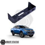 Mitsubishi L200 Series 5 2015-2019 Front Bumper Winch Bracket, powder-coated, TÜV certified, compatible with stock bumpers, shown with a metal frame above a blue vehicle.