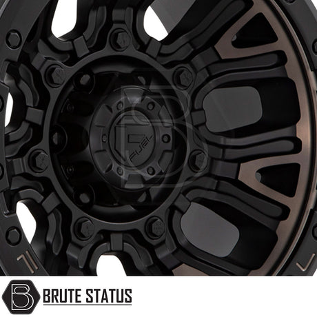 Fuel Traction Wheels in Matte Black DDT, featuring 20x9 size and 6x139.7 PCD. Close-up of alloy wheel with synthetic rubber tire.