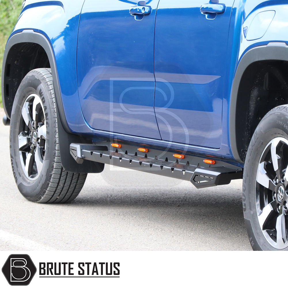 Toyota Hilux 2006-2014 Heavy Duty M30 Steel Side Steps, showcasing robust design, mounted on a blue truck, emphasizing vehicle enhancement and protection.