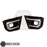 Ford Ranger 2023+ Wildtrak DRL Fog Light Surrounds with gloss black finish and white/amber LED, designed for easy installation on facelifted models.