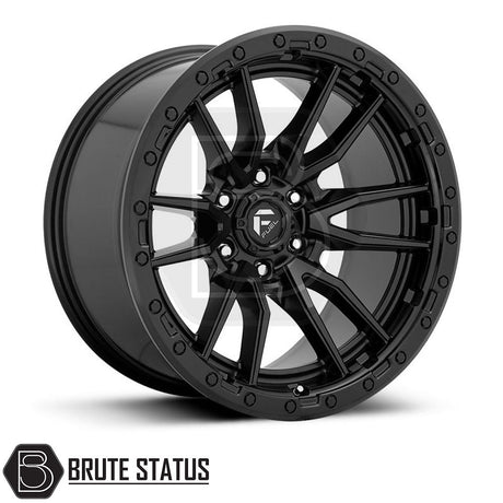 Fuel Rebel Wheels in matte black with black spokes and white text, featuring a 6x139.7 PCD and ET1 offset, ideal for pick-up truck customization.