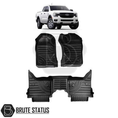 Ford Ranger 2023+ Front and Rear Tailored Tray Floor Mats designed to fit contours, protect from dirt, and easy to clean, shown in a truck interior.