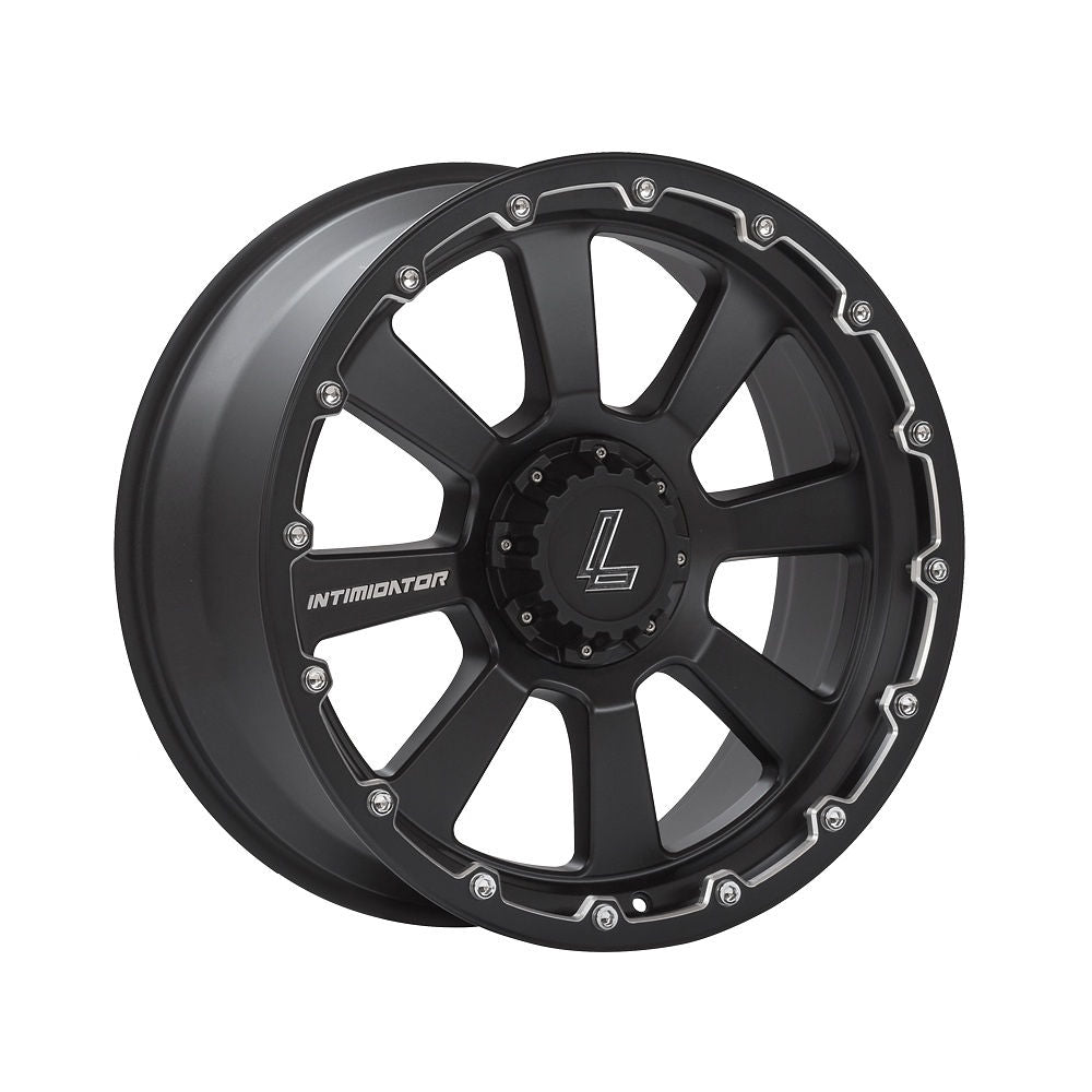 Lenso Wheels Intimidator 8 in matte black, featuring a sleek design with white text, suitable for pick-up truck customization. Size 20x9.5, PCD options available.