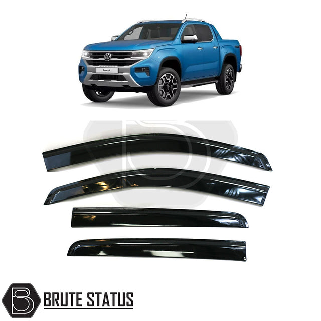 Volkswagen Amarok 2023+ Wind Deflectors, shown on a blue truck, enhance style and function with durable, aerodynamic design and secure 3M adhesive.