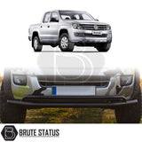 Volkswagen Amarok 2010-2016 City Bar/Nudge Bar Matt Black, highlighting truck enhancement with durable, easy-to-install bumper protection, visible amidst vehicle details like tires and headlights.