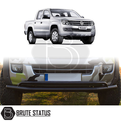 Volkswagen Amarok 2010-2016 City Bar/Nudge Bar Matt Black, highlighting truck enhancement with durable, easy-to-install bumper protection, visible amidst vehicle details like tires and headlights.