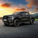 Hawke Wheels Hekla in Matt Black on a black truck, featuring distinct tires and design, ideal for enhancing pick-up trucks' individuality and style.