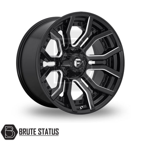 Fuel Rage Wheels with black rim, white and black spokes, gloss finish, size 20x9, ideal for customizing pick-up trucks. Sold in sets of four.