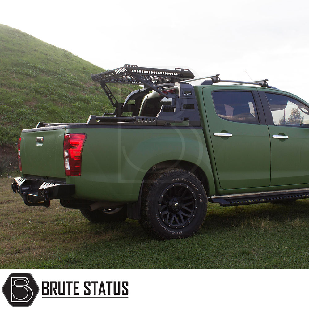 Ford Ranger 2023+ S10 Combat Roll Bar with Storage Basket, showcasing a heavy-duty, stylish roll bar with a storage basket on a green truck.