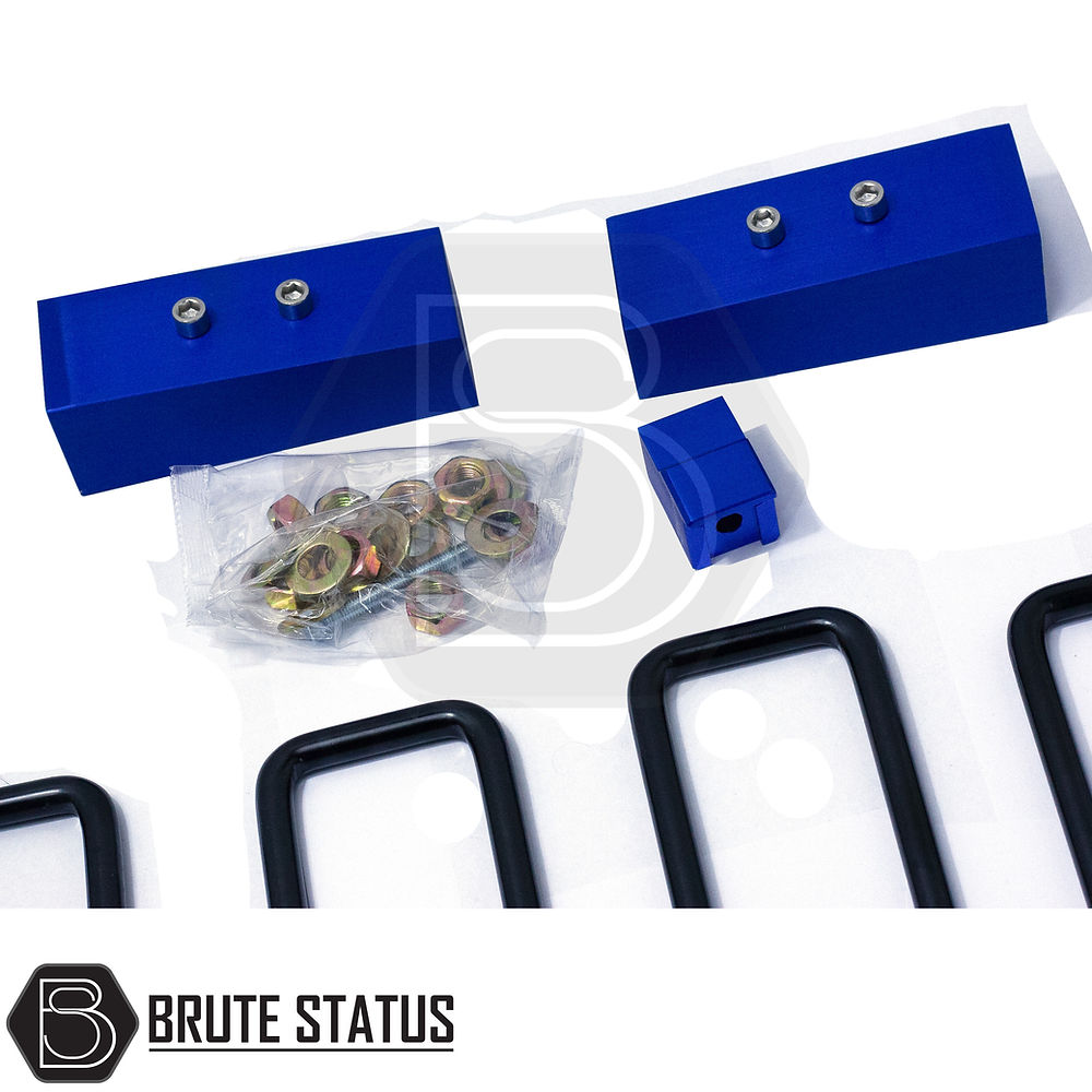 Ford Ranger 2023+ 2 Inch Lift Kit (Block Type) includes anodized aluminum shock spacers and leaf spring block adapters, with heat-treated studs and nuts for durability.