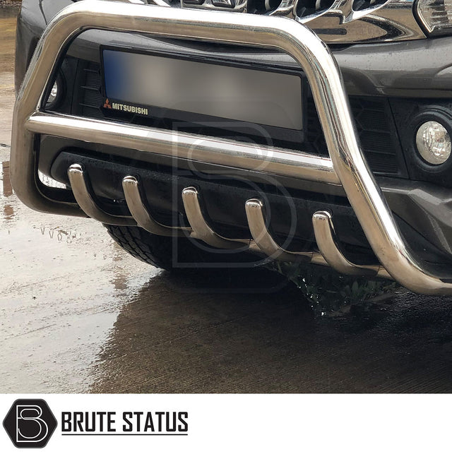 Mitsubishi L200 Series 4 2005-2014 A-Bar, polished stainless steel, shown close up on vehicle front, enhances style and bumper protection with easy installation.