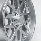 Romac Utah silver alloy wheel close-up, showcasing its intricate design; part of a set of four, size 20x9, ideal for pick-up truck customizations.