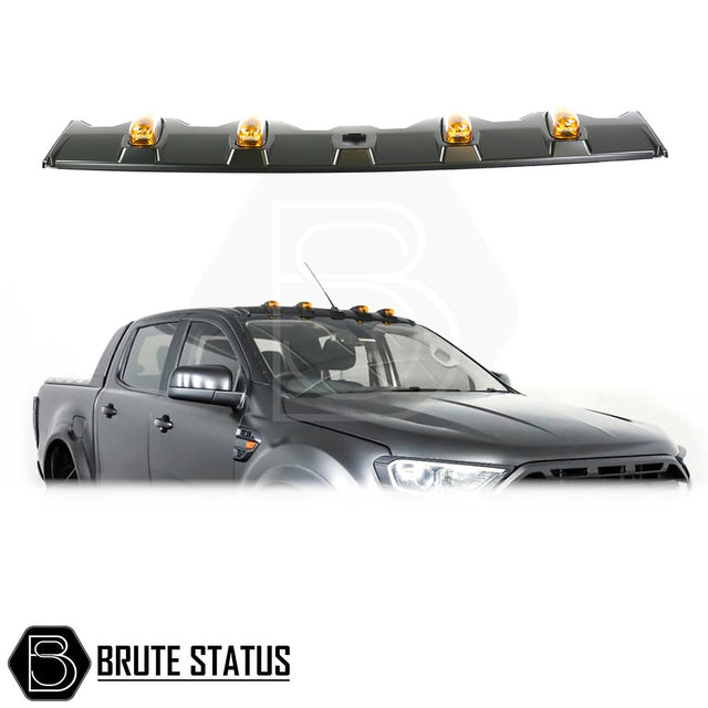 Ford Ranger 2012+ Roof Spoiler with LED Lights, featuring four amber LEDs and smooth black finish, designed for easy, adhesive installation.