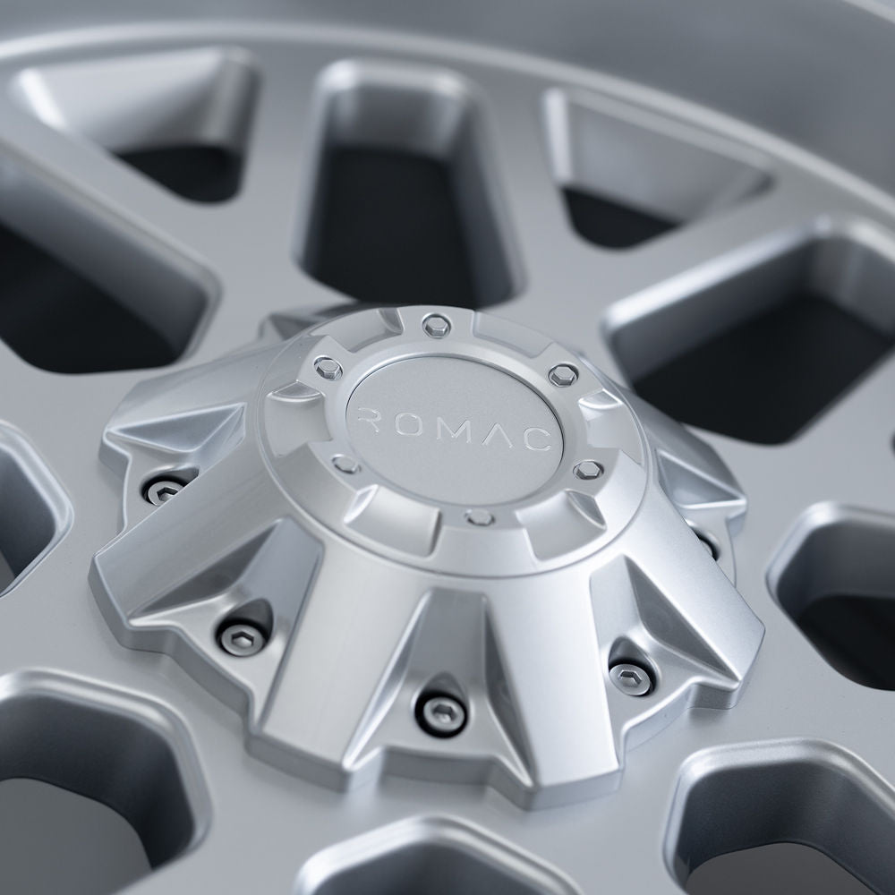 Romac Utah Wheels in Silver Finish, showcasing a close-up of the alloy wheel's intricate rim design, ideal for enhancing pick-up truck aesthetics.