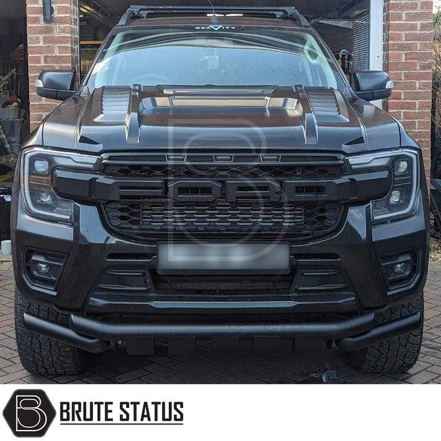 Ford Ranger 2023+ 'The Beast II' Bonnet Scoop on a black truck, showcasing its smooth finish and robust design for enhanced vehicle styling.