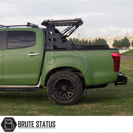 Ford Ranger 2023+ S10 Combat Roll Bar with Storage Basket attached to a green truck, featuring a heavy-duty, matte black steel construction with removable basket.