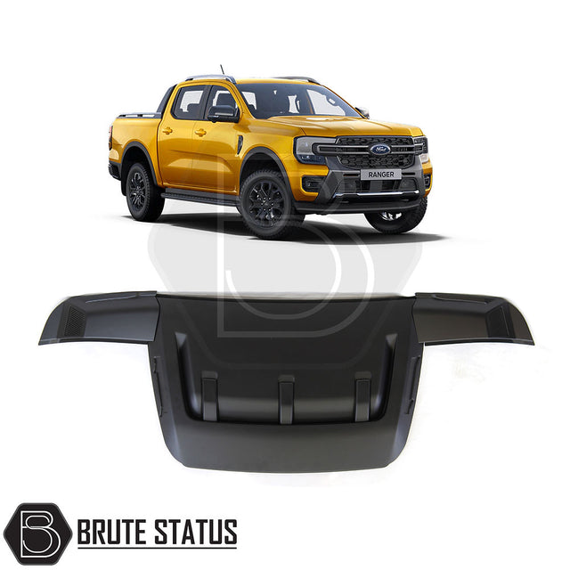 Ford Ranger T9 2023+ Raptor Style 3-Piece Bonnet Scoop in matte black, shown on a yellow pickup truck, highlighting its sleek, impact-resistant design.