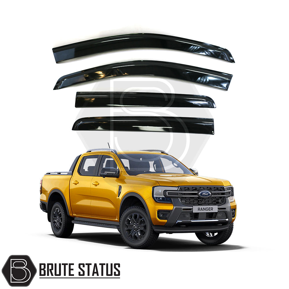 Ford Ranger T9 2023+ Wind Deflectors on a yellow truck, showcasing durable, aerodynamic design with premium acrylic and full-length adhesive for secure attachment.