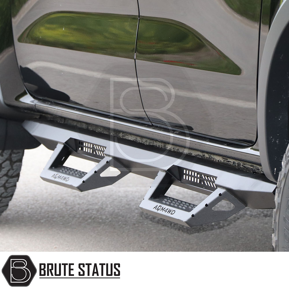 Toyota Hilux 2015+ Heavy Duty T32 Steel Side Steps in matt black, designed for robust protection and style, featuring easy fitment and high-quality steel construction.