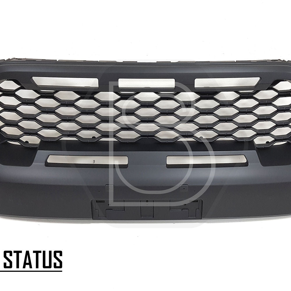 Ford Ranger 2019-2022 Black Grille with White LEDs for Wildtrak, featuring smooth black finish and three LEDs, designed for easy installation without drilling.