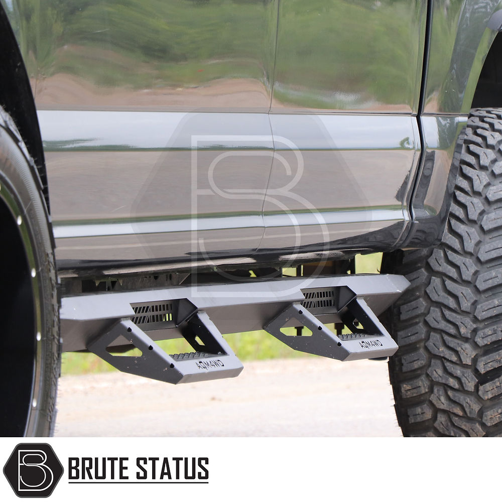 Isuzu D-Max 2021+ Heavy Duty T32 Steel Side Steps, showcasing close-up details of matt black finish and robust construction for enhanced vehicle protection.