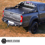 Mercedes X-Class Rear Bumper Matte Black, installed on a parked truck, showcasing its stylish design with included lights and sensor holes.