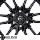 Close-up of Fuel Rebel Wheels' matte black alloy rim with distinct spokes, designed for pick-up trucks. Available in sizes 18x9 and 20x9.