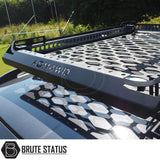 Universal Roof Basket (Combat Style) installed on a truck, showcasing its matt black finish and heavy-duty steel construction with easy installation and mounting points for lights.