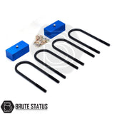 Ford Ranger 2012-2022 T6 T7 T8 2 Rear Suspension Lift Blocks, CNC machined, anodized aluminum with black handles, includes fasteners for installation.