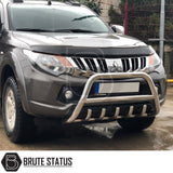 Mitsubishi L200 Series 5 2015-2019 A-Bar (Nudge Bar) Polished, enhancing truck style and bumper protection, shown in close-up with a focus on design elements.