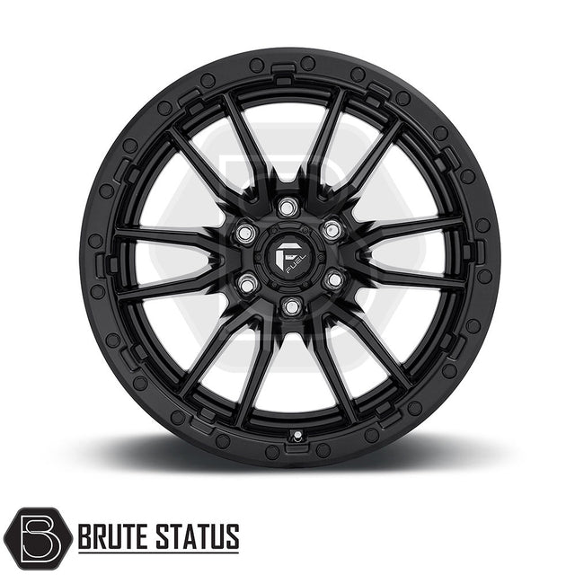 Fuel Rebel Wheels in Matte Black with black spokes, featuring 6x139.7 PCD and sizes 18x9 or 20x9, perfect for truck customization.