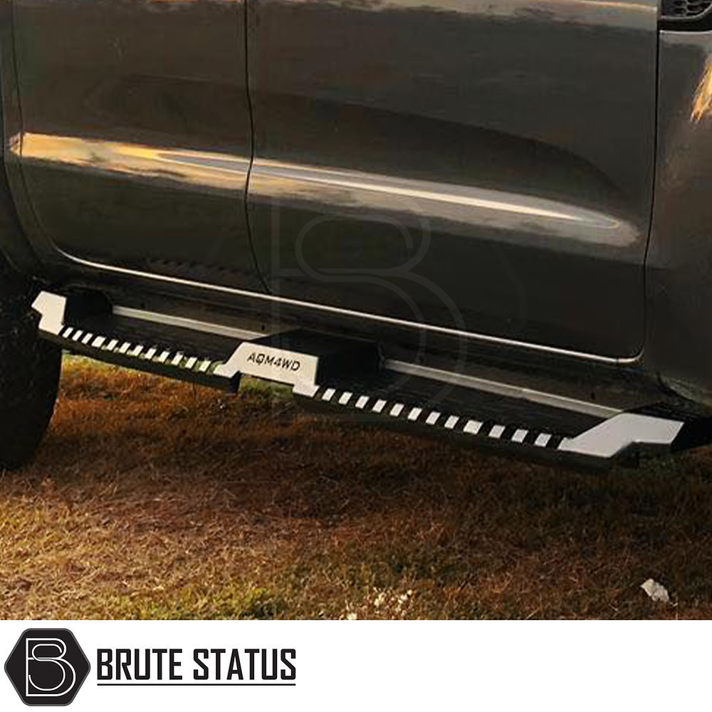 Isuzu D-Max 2012-2021 Heavy Duty S32 Steel Side Steps on black truck, emphasizing robust steel construction and matt black finish for enhanced vehicle style.