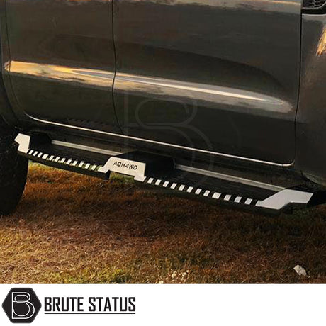 Isuzu D-Max 2012-2021 Heavy Duty S32 Steel Side Steps on black truck, emphasizing robust steel construction and matt black finish for enhanced vehicle style.