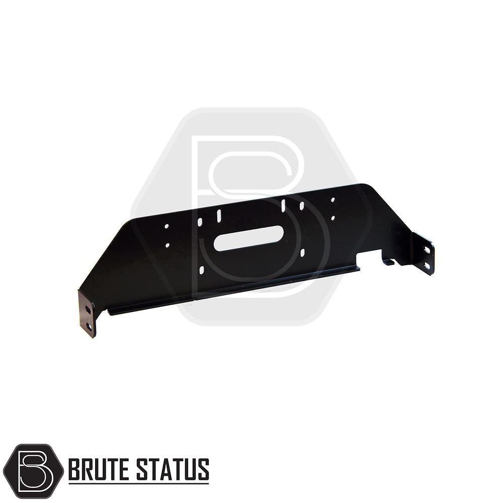 Toyota Hilux 2015-2020 Front Bumper Winch Bracket, black metal, with mounting holes and instructions, TÜV certified, for aftermarket customization.