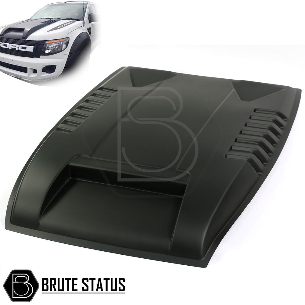 Ford Ranger 2012-2015 Raptor Style Bonnet Scoop, shown in smooth black, designed for seamless fitment with washer jet cutouts, enhancing your truck's distinct appearance.