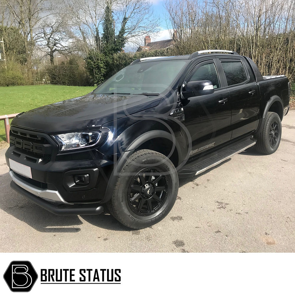 Ford Ranger 2015-2022 T7 T8 Wide Arch Kit - Slim Style: black truck with wheel arch fender flares, enhancing the vehicle's rugged, customizable appearance.