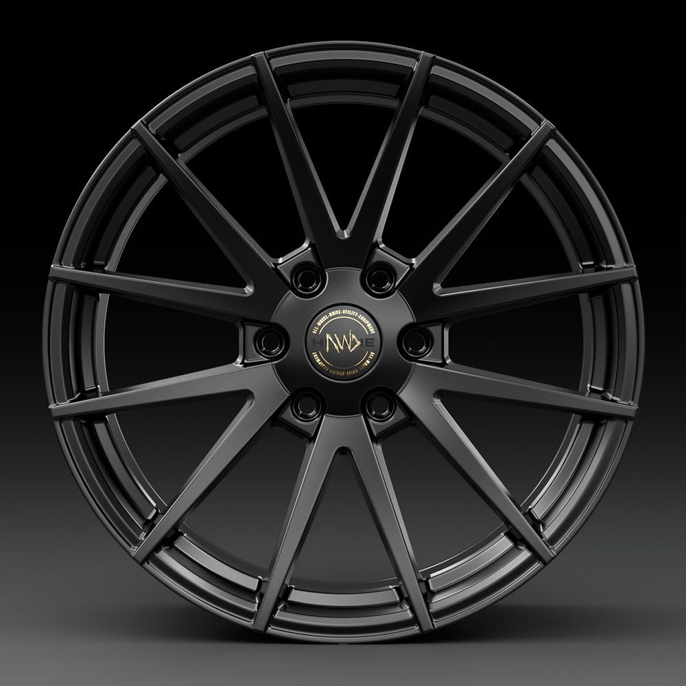 Hawke Wheels Hekla in Matt Black, a sleek automotive rim, ideal for enhancing pick-up trucks. Size: 9.5 X 20, Offset: ET16.