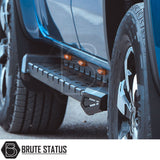 Ford Ranger 2023+ Heavy Duty M30 Steel Side Steps with LEDs, shown in close-up with tire and wheel, offering robust protection and sleek matt black finish.