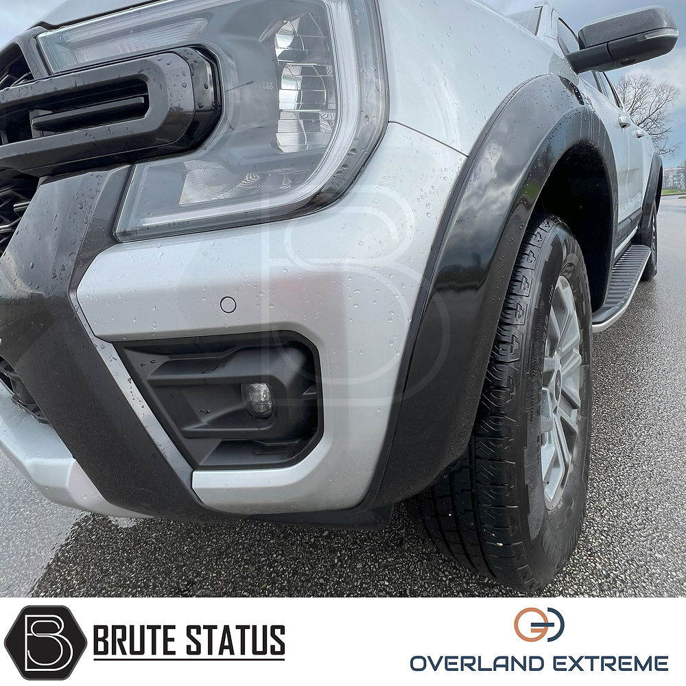 Close-up of a Ford Ranger 2023+ T9 Gloss Black Wide Arch Kit, highlighting the premium wheel arch design and precision fitment for double cab models.