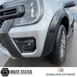 Close-up of a Ford Ranger 2023+ T9 Gloss Black Wide Arch Kit, highlighting the premium wheel arch design and precision fitment for double cab models.