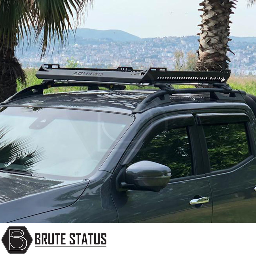 Universal Roof Basket (Combat Style) on a truck, featuring a matt black finish and heavy-duty steel construction, designed for easy installation on vehicles with existing cross bars.